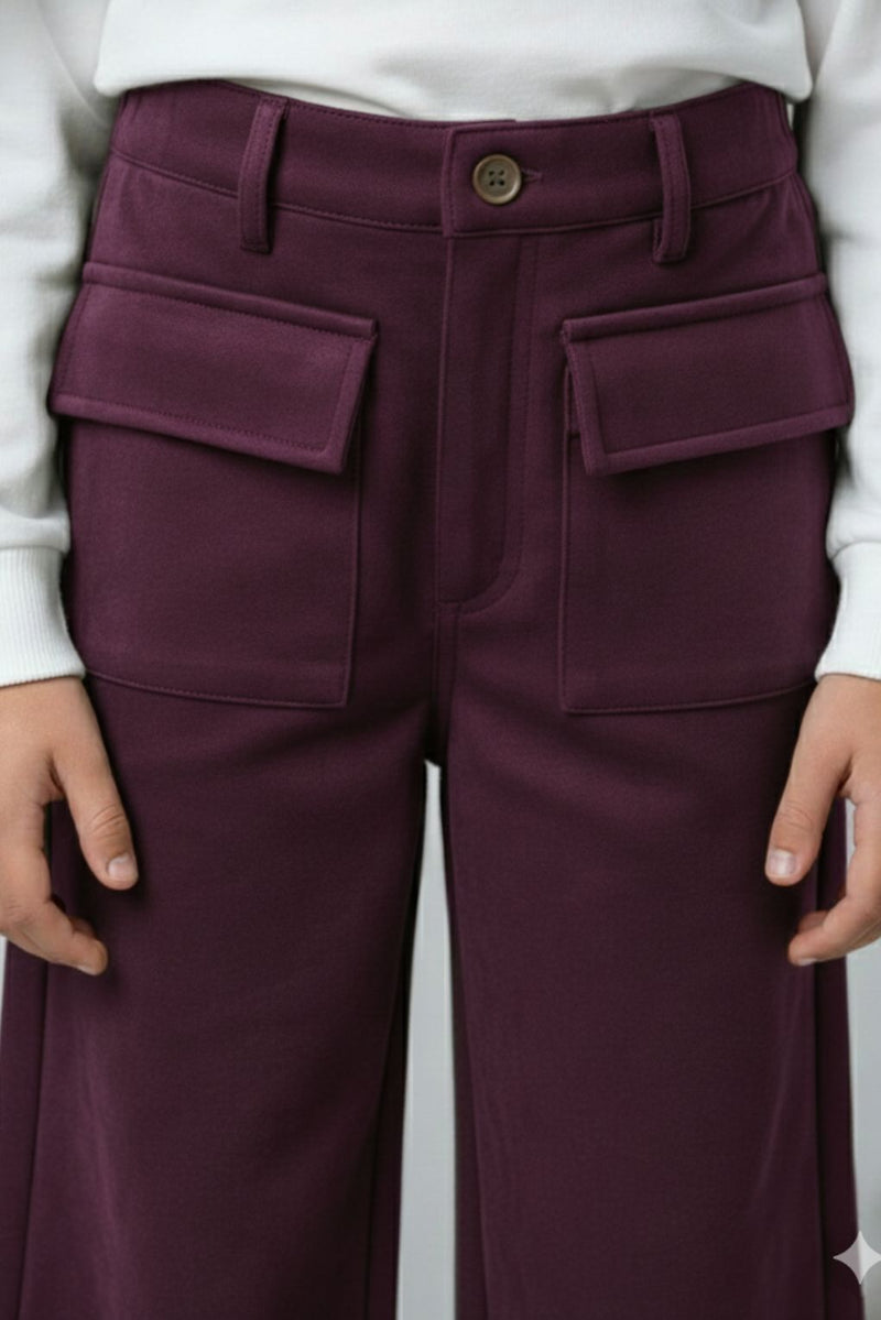 Spunkies Girls Maroon Suede Solid Wide-Leg Trousers