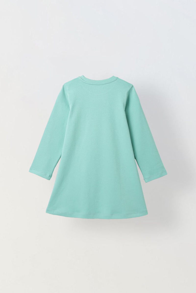 Spunkies Light Green Girls Solid Round Long Sleeves A-Line Dress