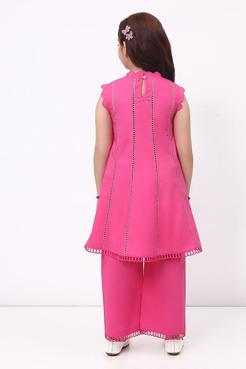 Spunkies Girls Fuchsia Pink Ethnic Sleeveless Kurta with Palazzo Co-ord Set