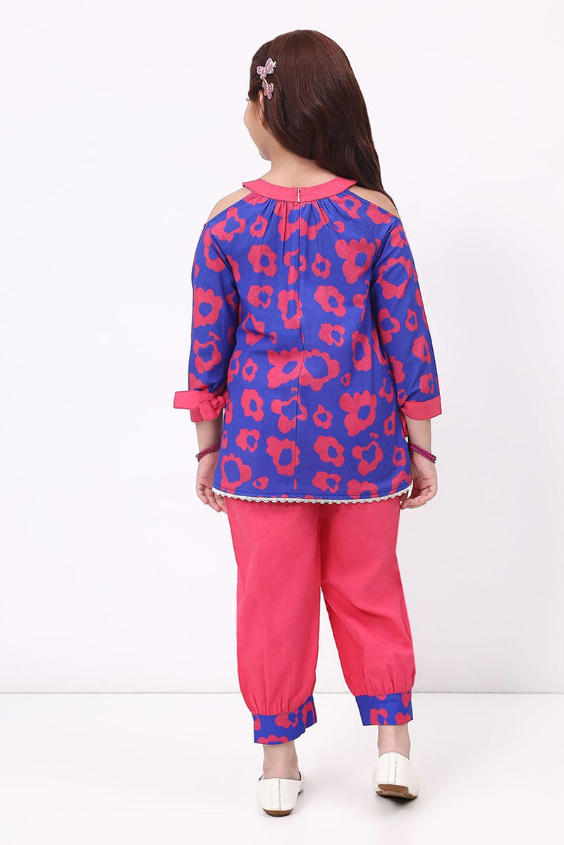 Spunkies Girls Cotton Linen Blue Printed Ethnic Co-ord Set