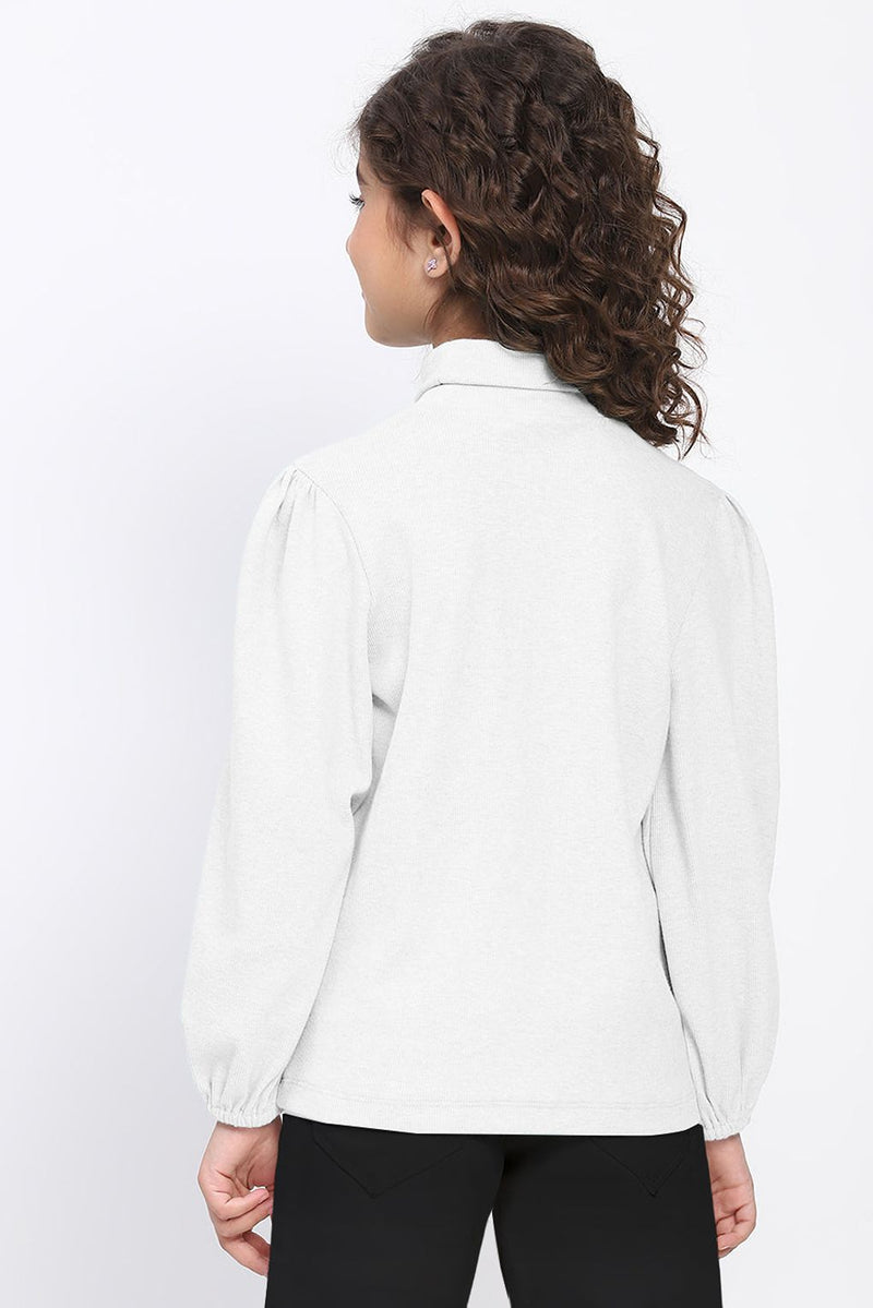 Girl's White Ribbed Puff Sleeve Sequin Bow Top