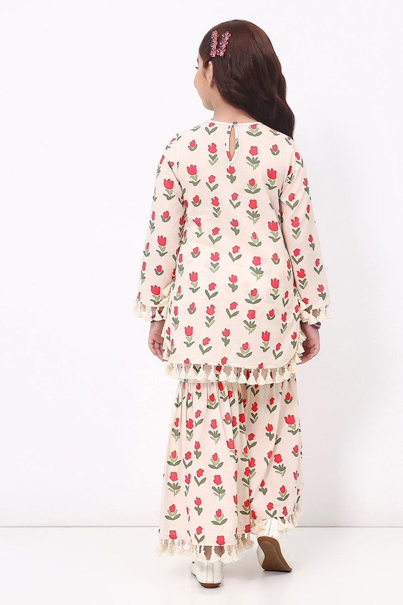 Spunkies Girls Off White Floral Print Ethnic Kurti and Sharara Set
