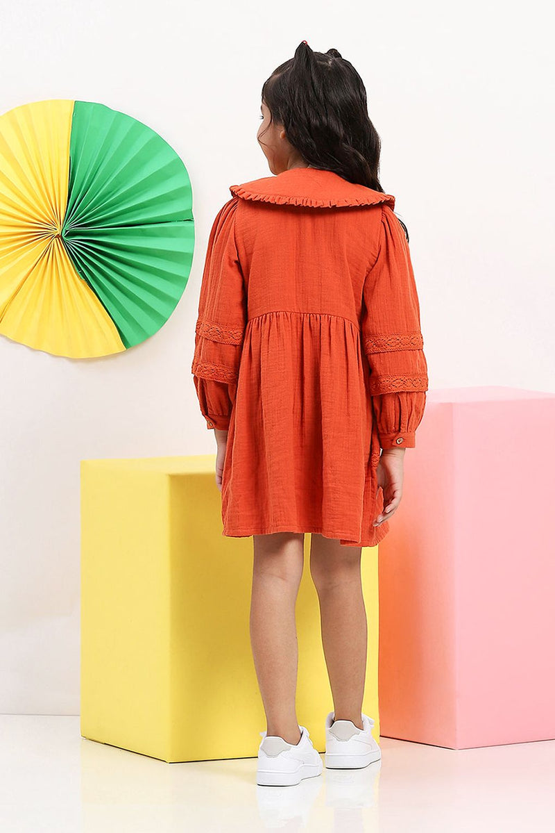 Spunkies Girls' Rust Button-Down Dress with Ruffled Collar