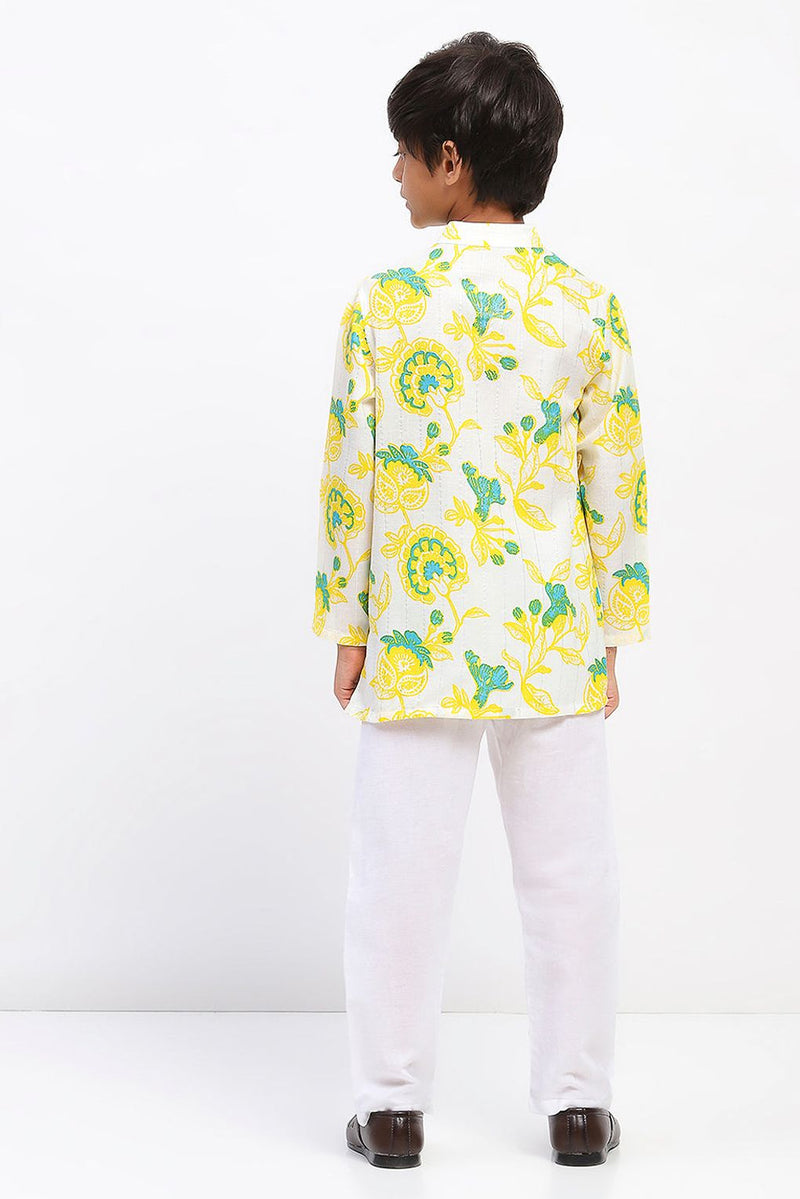 Spunkies Boys White Cotton Printed Ethnic Kurta Pajama Set