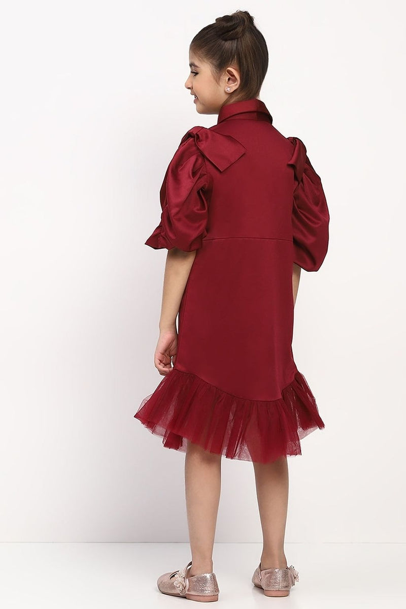 Spunkies Girl's Maroon Collared Pleated Tulle Cap Sleeve Dress