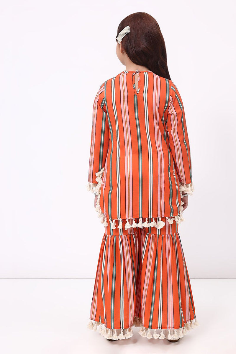 Spunkies Girls Orange Stripe Ethnic Kurti and Sharara Set