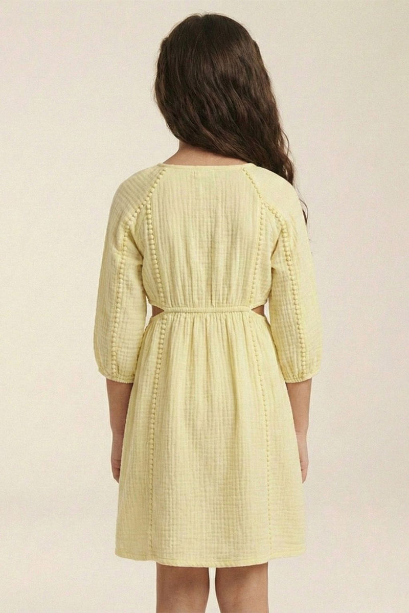 Spunkies Yellow Cotton Round Neck Solid Dress For Girls