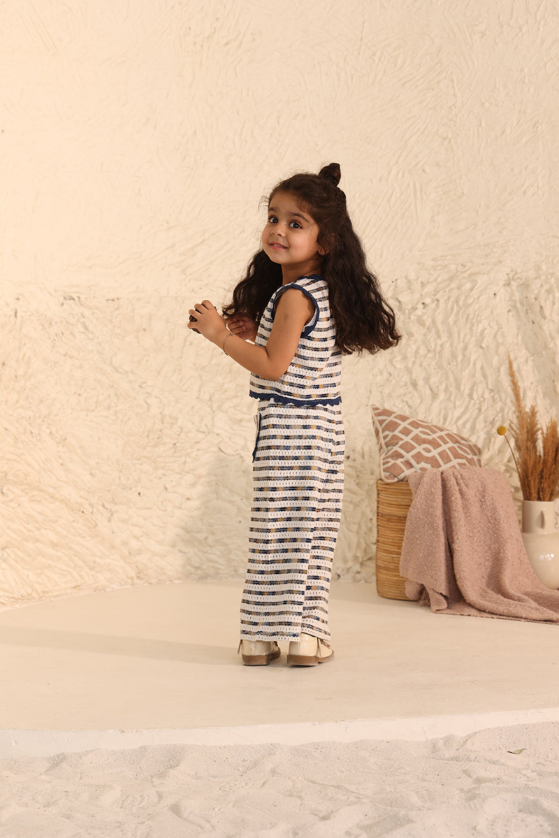 Spunkies Girls White Embroidered Round Neck Sleeveless Top and Trousers Set