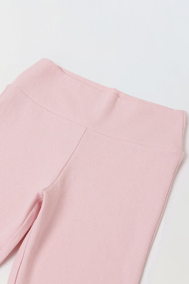 Spunkies Girls Pink Textured Floral Elasticated Waist Flared Leggings