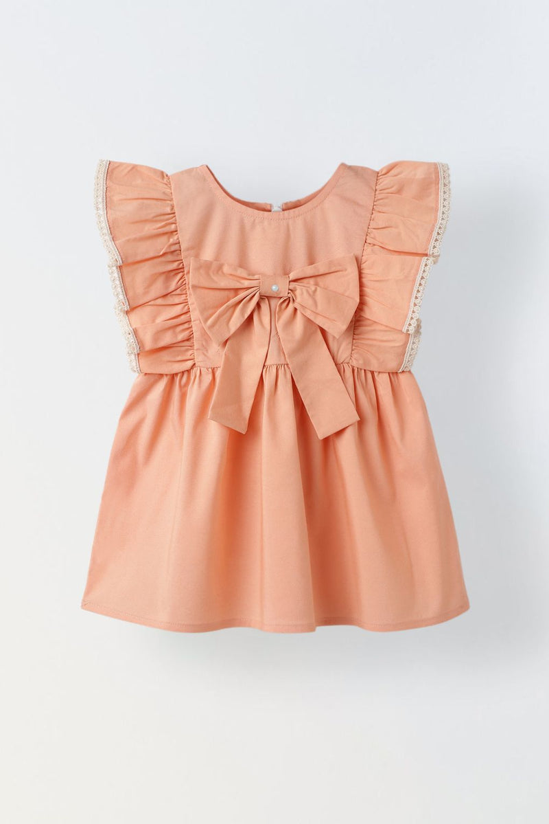 Infant Girls' Peach Ruffled Sleeve Cotton Dress