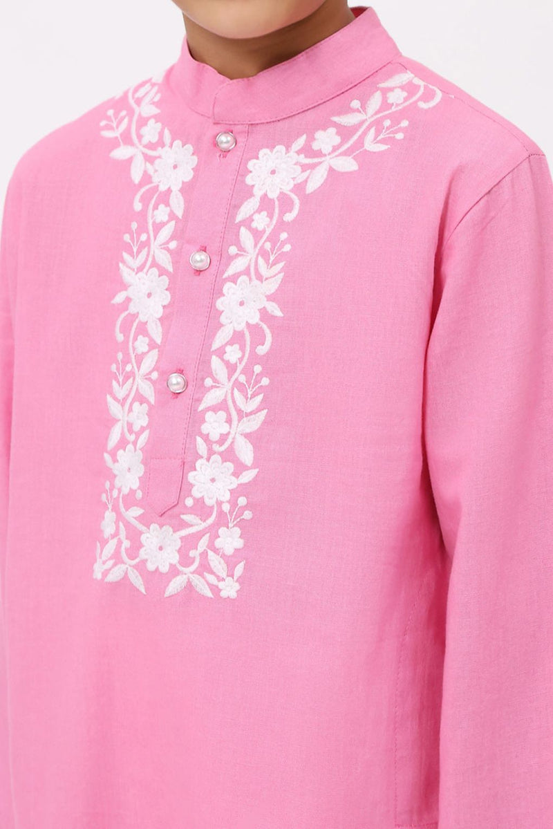 Spunkies Boys Cotton Linen Pink Embroidered Kurta Set