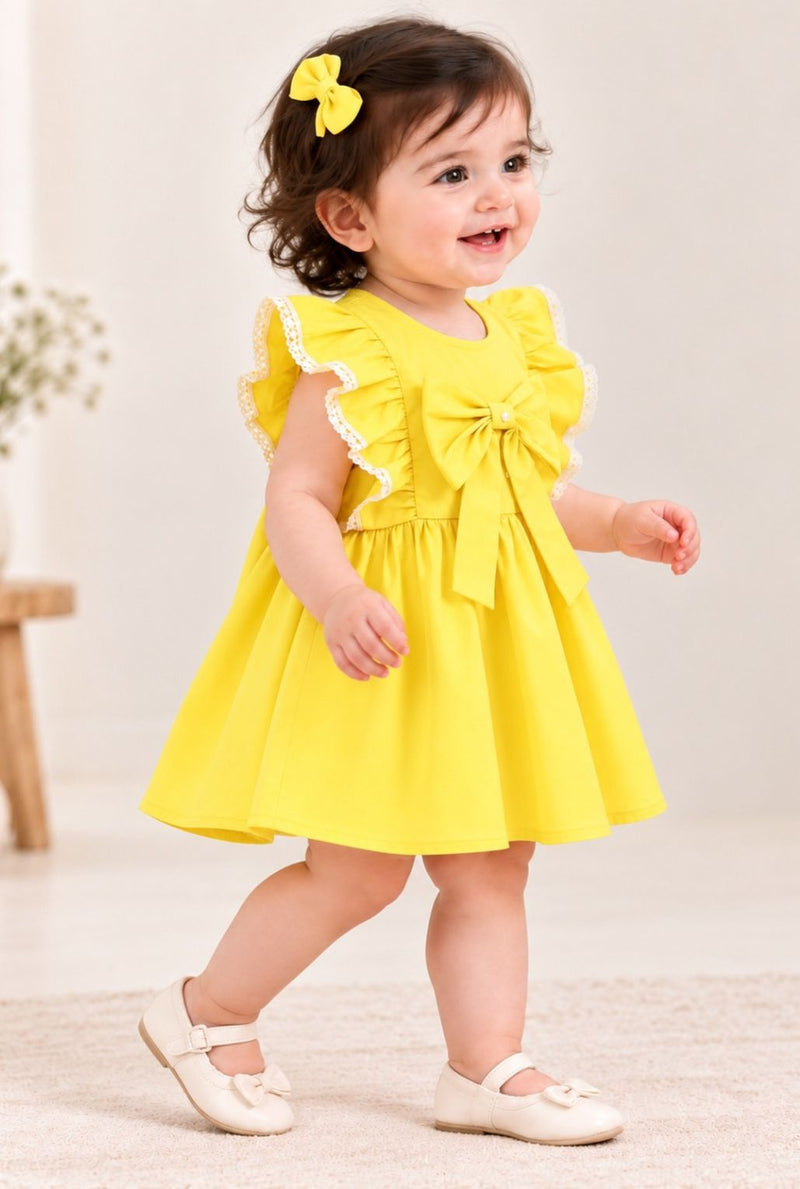Spunkies Infant Girls' Yellow Ruffled Sleeve Cotton Dress