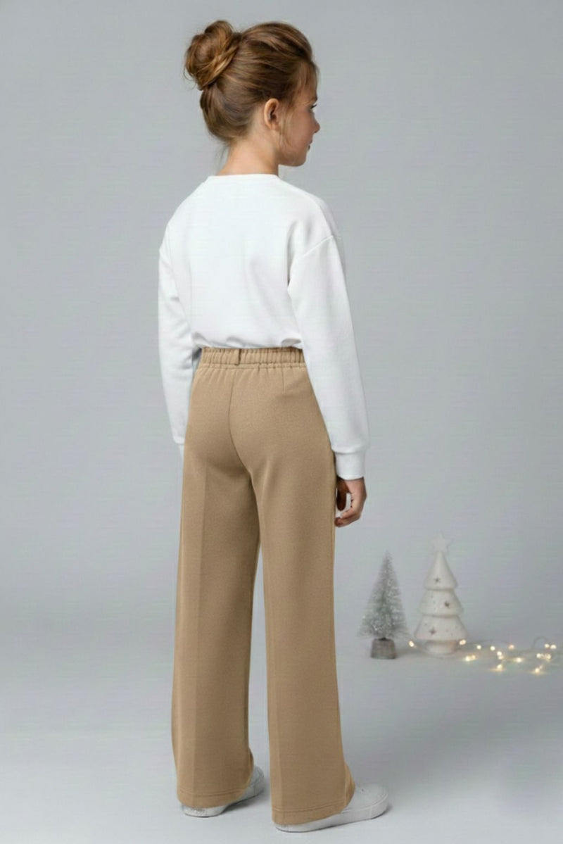 Spunkies Girls Tan Suede Solid Wide-Leg Trousers