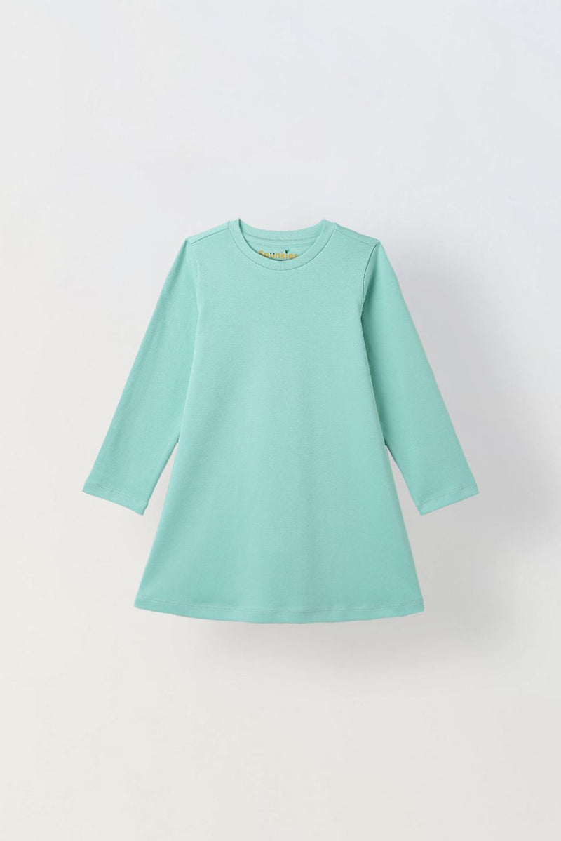 Spunkies Light Green Girls Solid Round Long Sleeves A-Line Dress