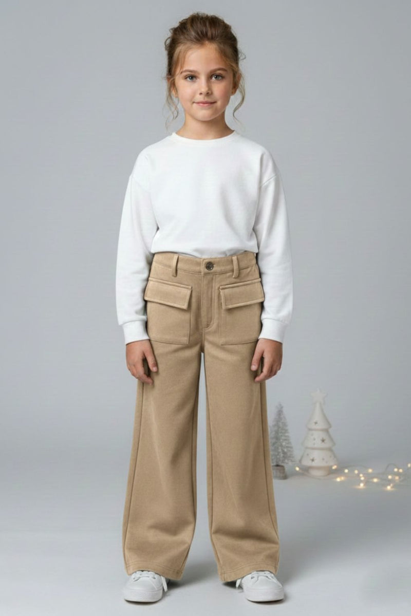 Spunkies Girls Tan Suede Solid Wide-Leg Trousers