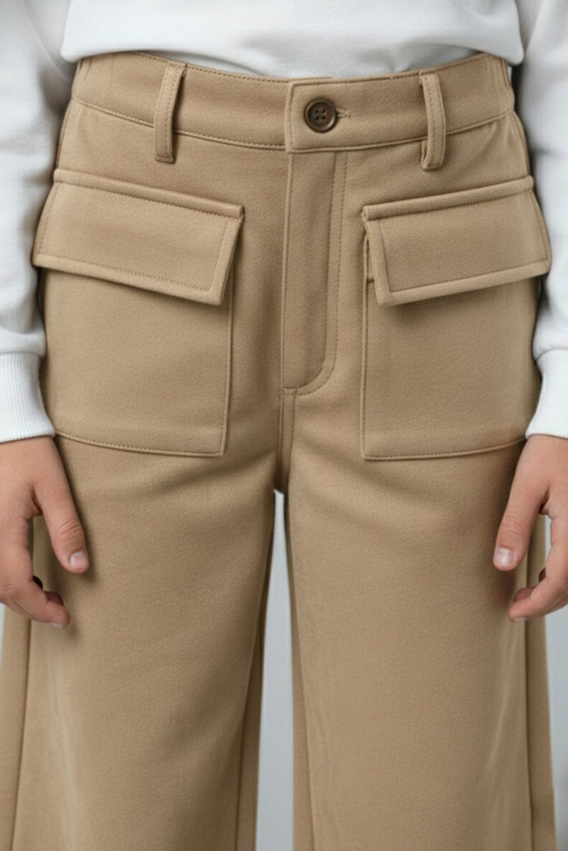 Spunkies Girls Tan Suede Solid Wide-Leg Trousers