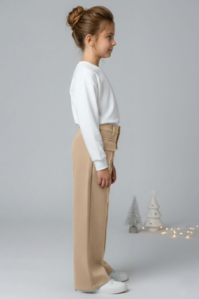 Spunkies Girls Tan Suede Solid Wide-Leg Trousers