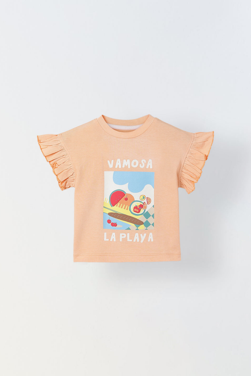 Spunkies Peach Girls Graphic Print Crew Neck Short Sleeves Top