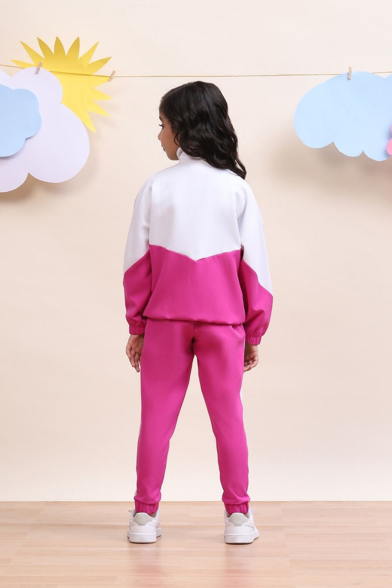 Girls Colorblock Pink & White Sport Tracksuit Set