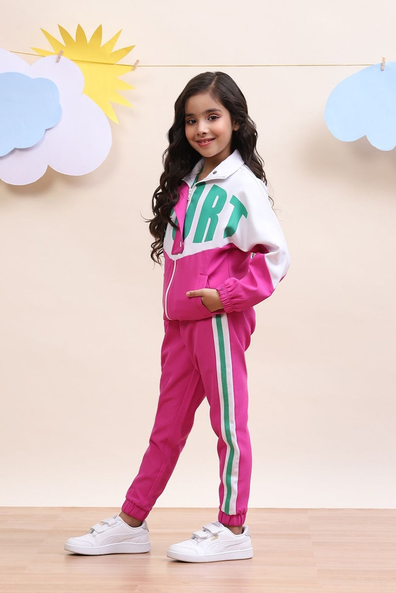 Girls Colorblock Pink & White Sport Tracksuit Set