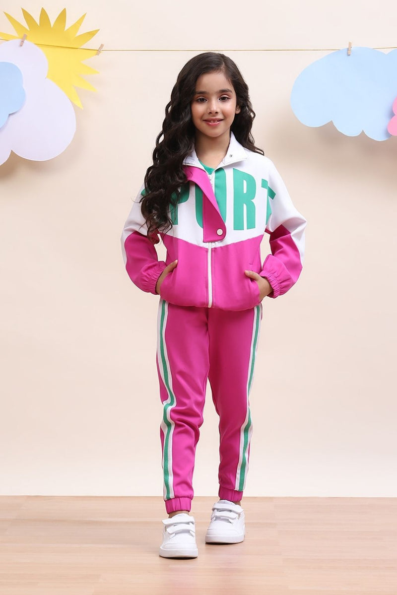 Girls Colorblock Pink & White Sport Tracksuit Set