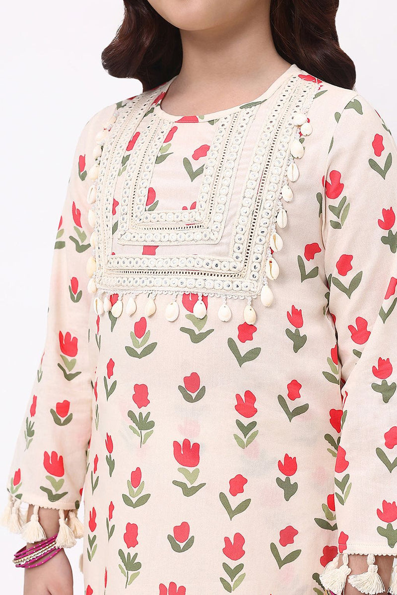 Spunkies Girls Off White Floral Print Ethnic Kurti and Sharara Set