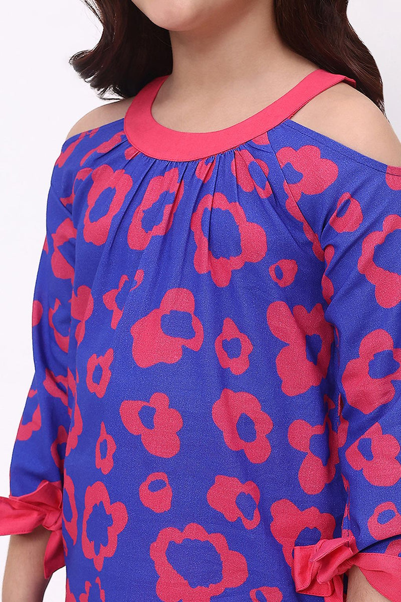 Spunkies Girls Cotton Linen Blue Printed Ethnic Co-ord Set