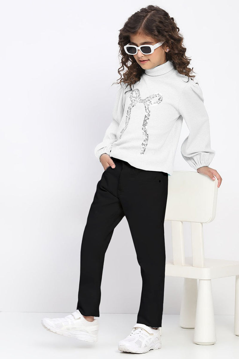 Girl's White Ribbed Puff Sleeve Sequin Bow Top
