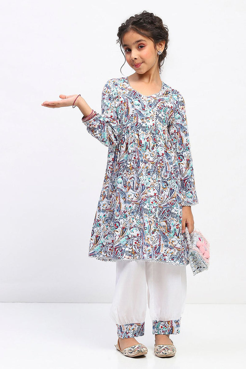 Spunkies Girls Full Sleeve Paisley Print Ethnic Kurta and Bottom Set