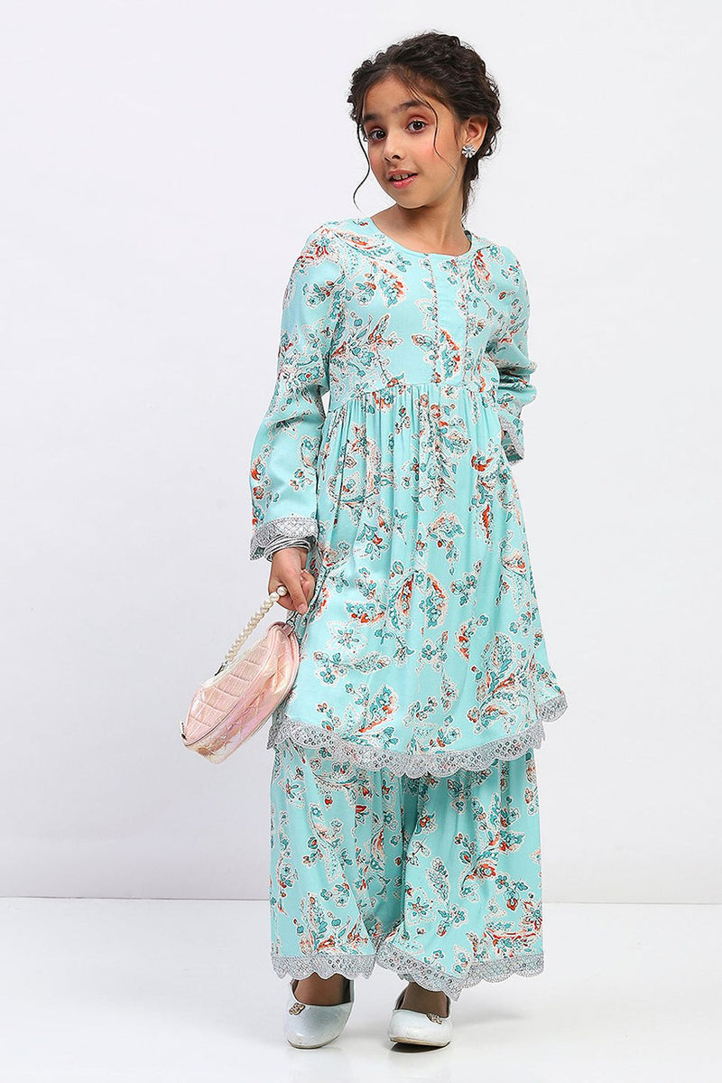 Spunkies Girls Floral Print Ethnic Tiered Kurta and Sharara Set