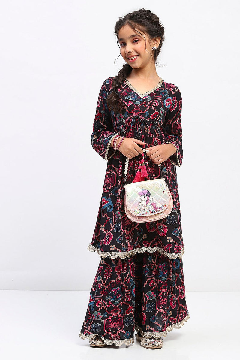 Spunkies Girls Floral Print Mulicolor Ethnic Tiered Kurta and Sharara Set