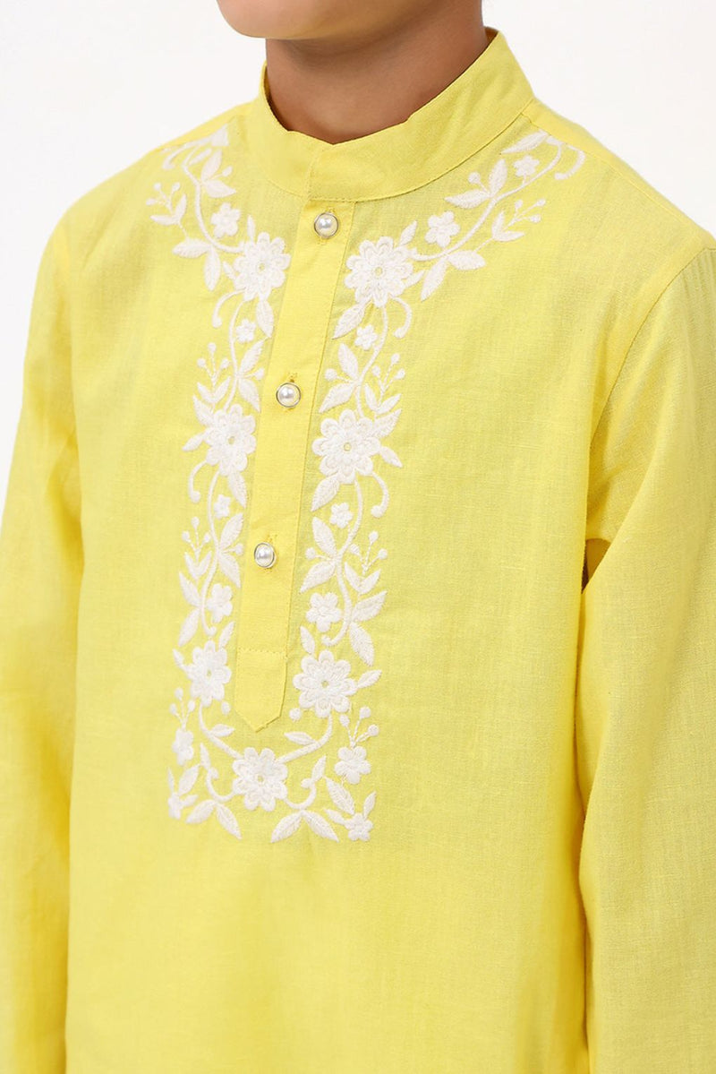 Spunkies Boys Cotton Linen Yellow Embroidered Kurta Set