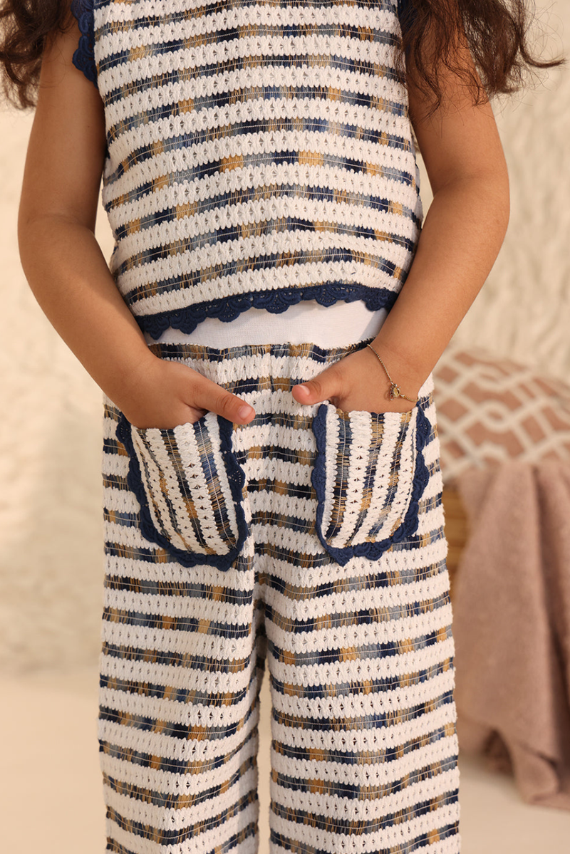 Spunkies Girls White Embroidered Round Neck Sleeveless Top and Trousers Set