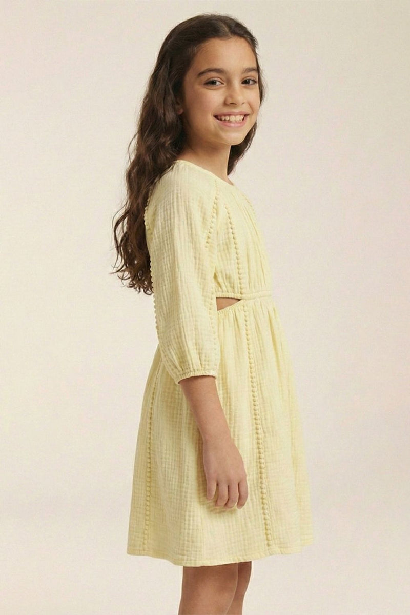 Spunkies Yellow Cotton Round Neck Solid Dress For Girls