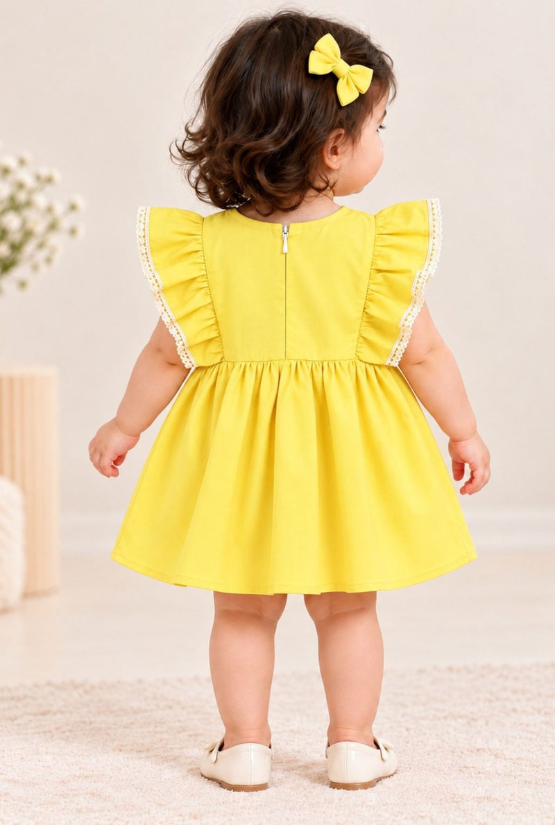 Spunkies Infant Girls' Yellow Ruffled Sleeve Cotton Dress