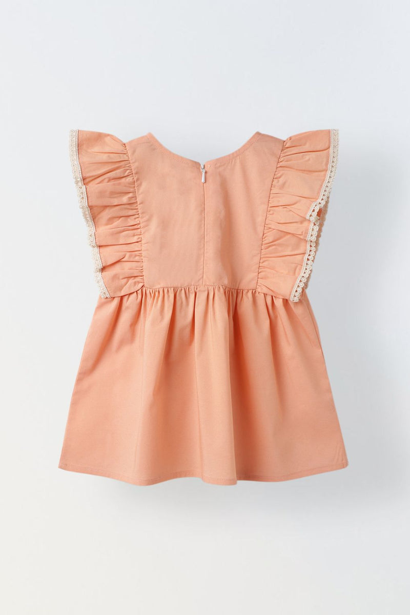 Infant Girls' Peach Ruffled Sleeve Cotton Dress