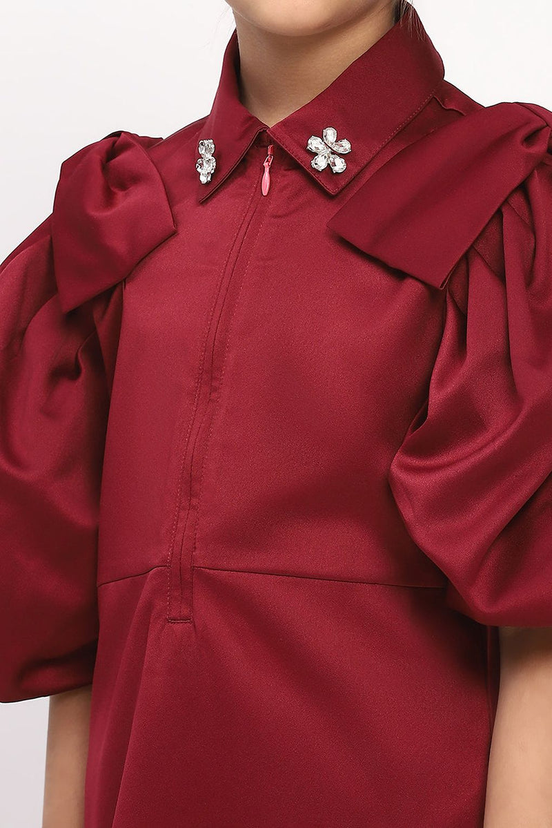 Spunkies Girl's Maroon Collared Pleated Tulle Cap Sleeve Dress