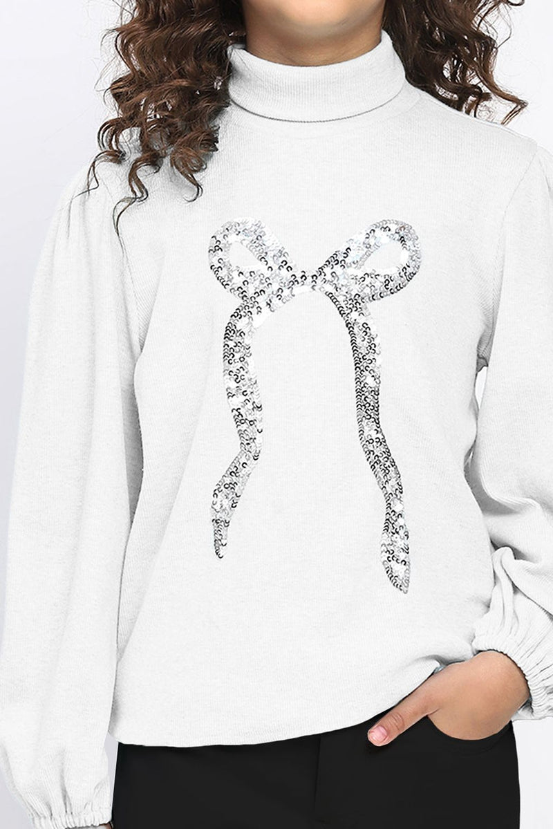 Girl's White Ribbed Puff Sleeve Sequin Bow Top