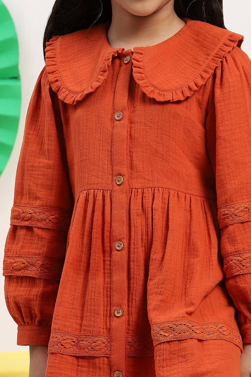 Spunkies Girls' Rust Button-Down Dress with Ruffled Collar