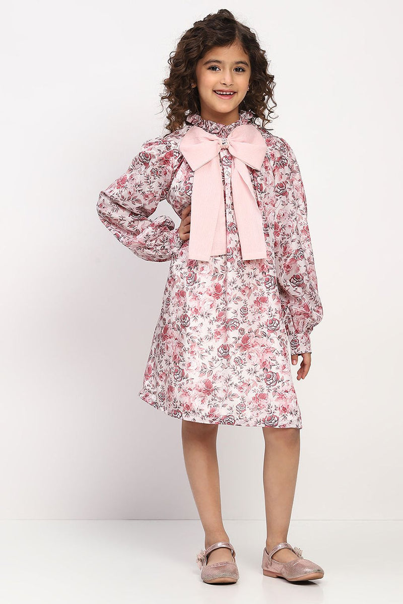 Spunkies Girls Rose Pink Floral Printed Bishop Sleeves Bow Dress