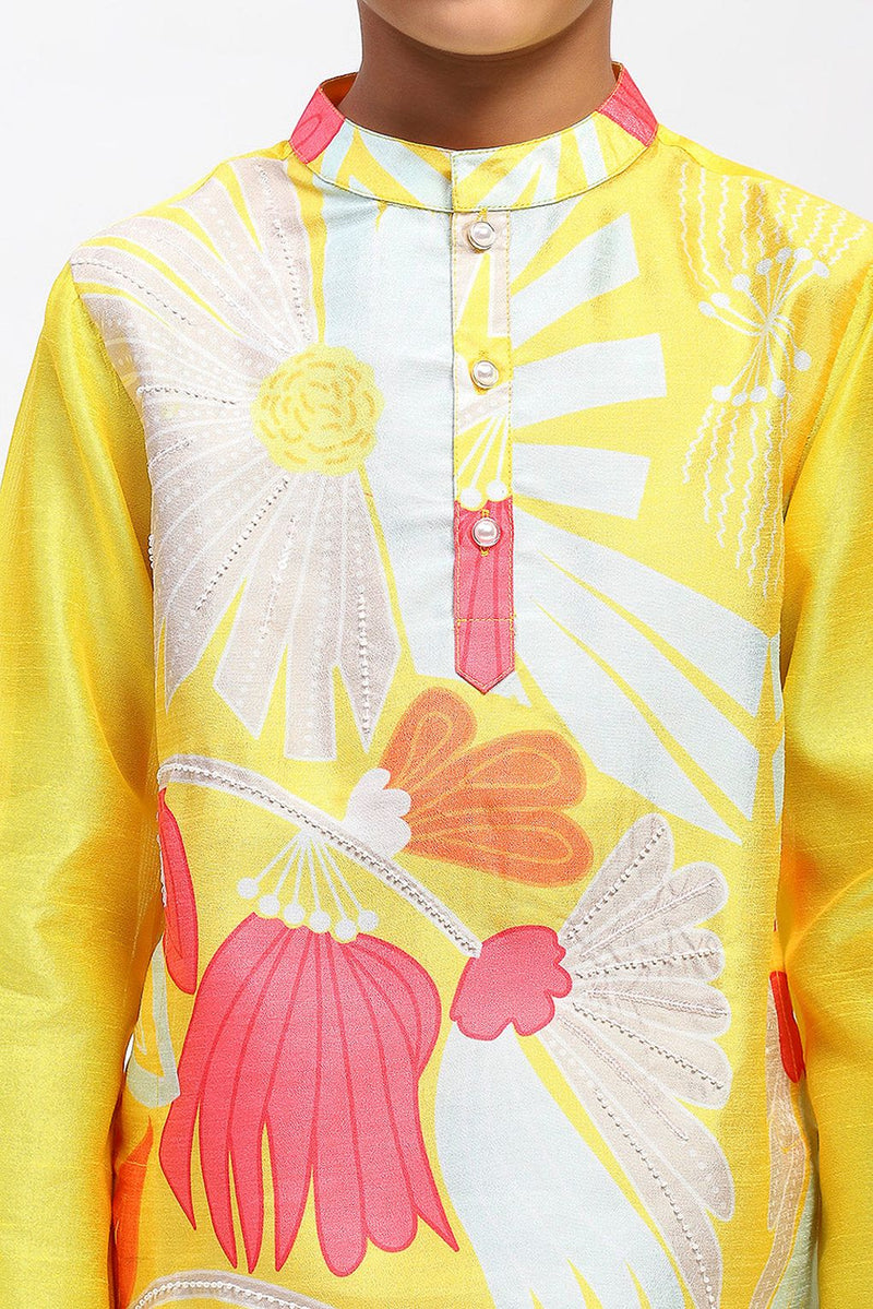 Spunkies Boys Yellow Cotton Printed Ethnic Kurta Pajama Set
