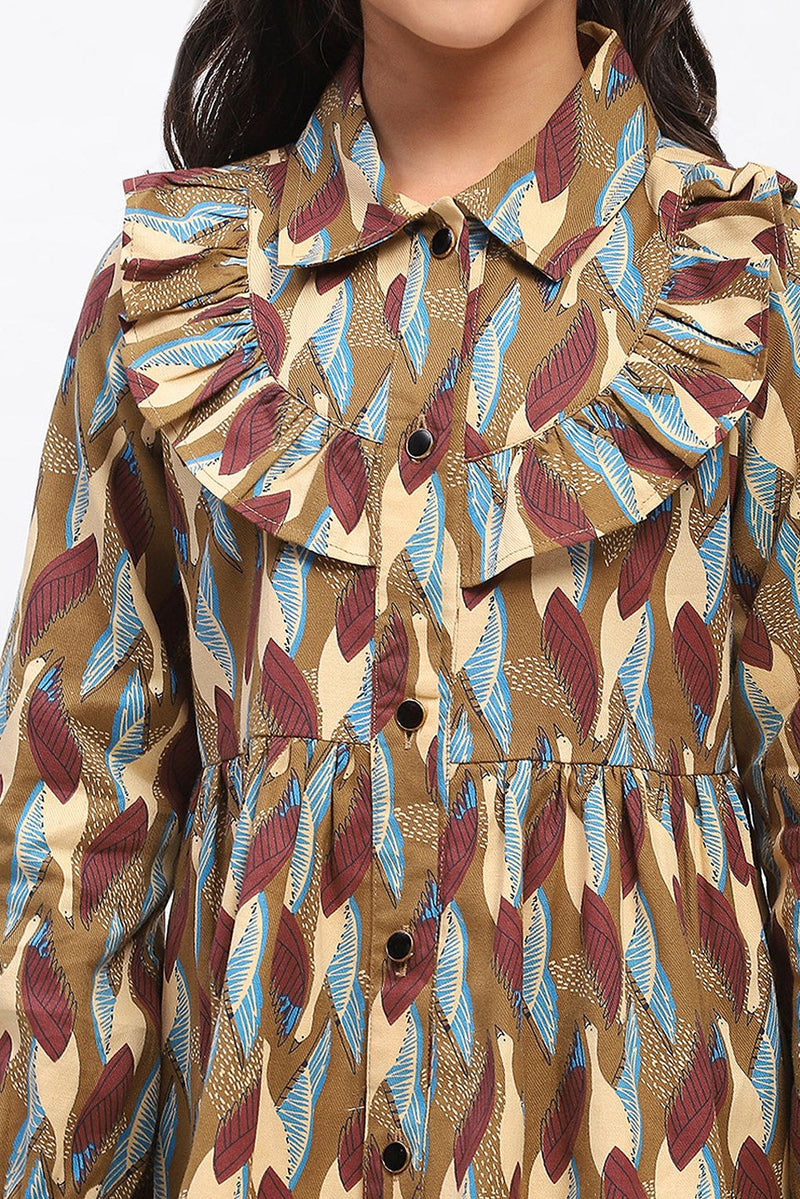 Spunkies Girls Brown Abstract Print Fit and Flare Dress