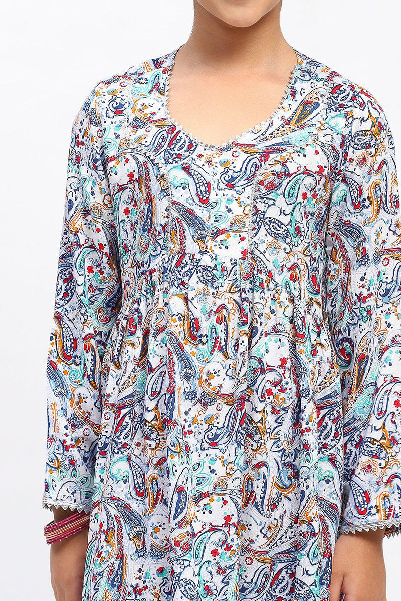 Spunkies Girls Full Sleeve Paisley Print Ethnic Kurta and Bottom Set