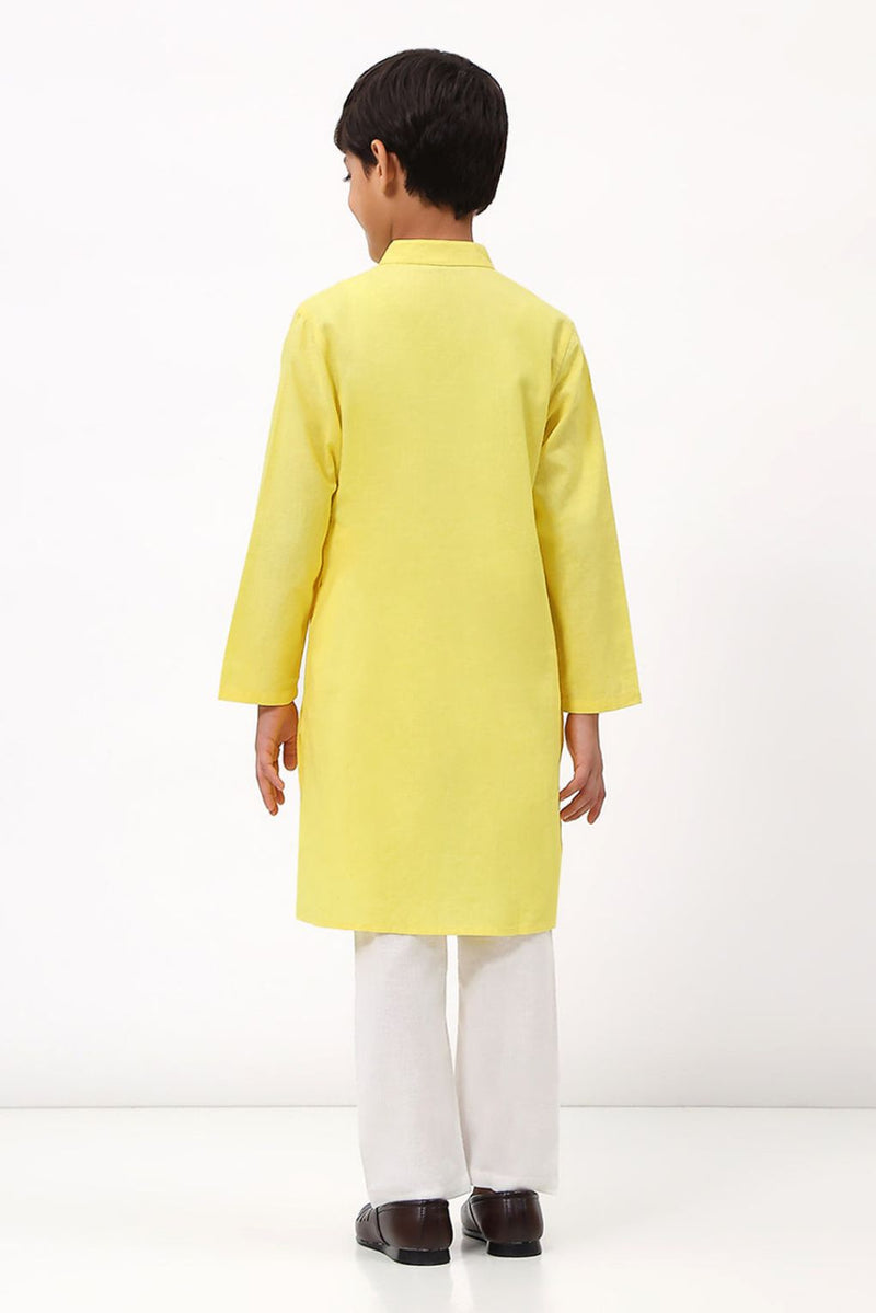 Spunkies Boys Cotton Linen Yellow Embroidered Kurta Set