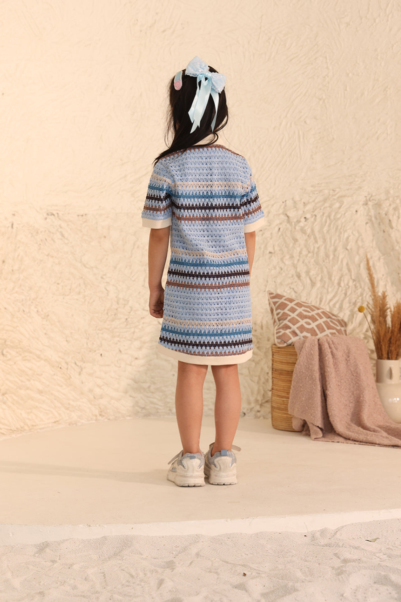 Spunkies Girls Blue Crochet Striped Spread Collar Short Sleeves Shirt Dress