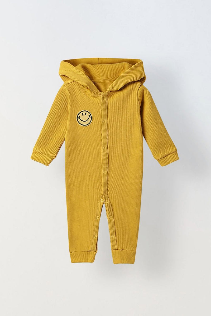 Spunkies Infant Mustard Hooded Romper with Patch
