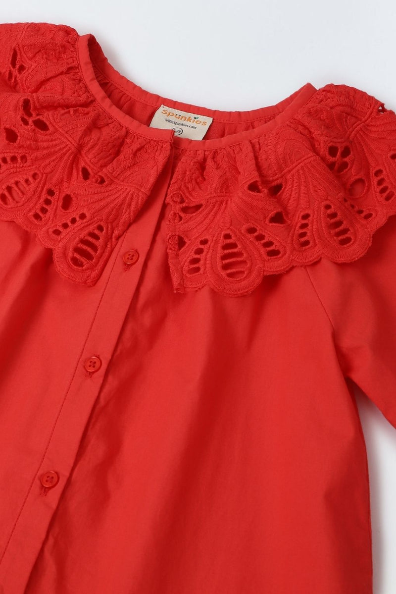 Red Eyelet Lace Ruffle Dress-Girls