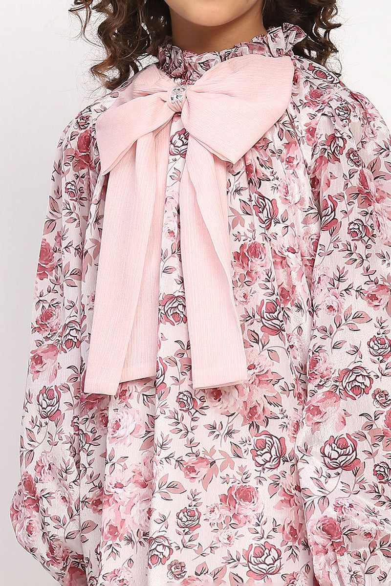 Spunkies Girls Rose Pink Floral Printed Bishop Sleeves Bow Dress