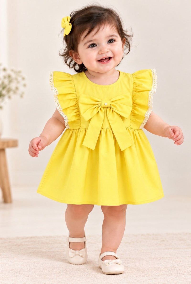 Spunkies Infant Girls' Yellow Ruffled Sleeve Cotton Dress