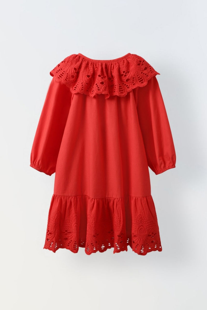 Red Eyelet Lace Ruffle Dress-Girls
